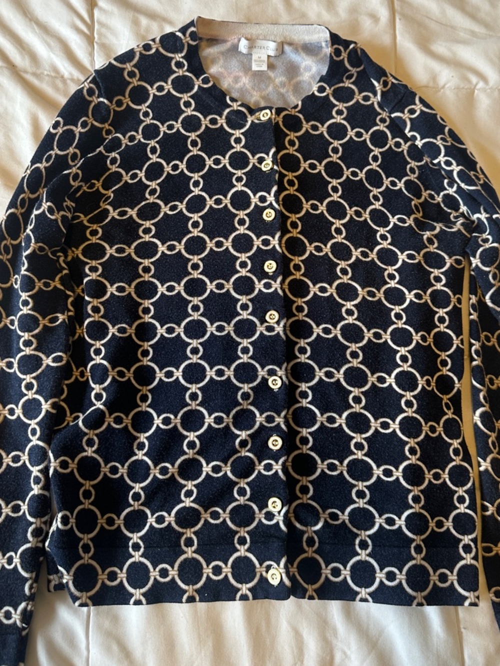 Charter Club Navy and Cream Chain-Link Button Cardigan